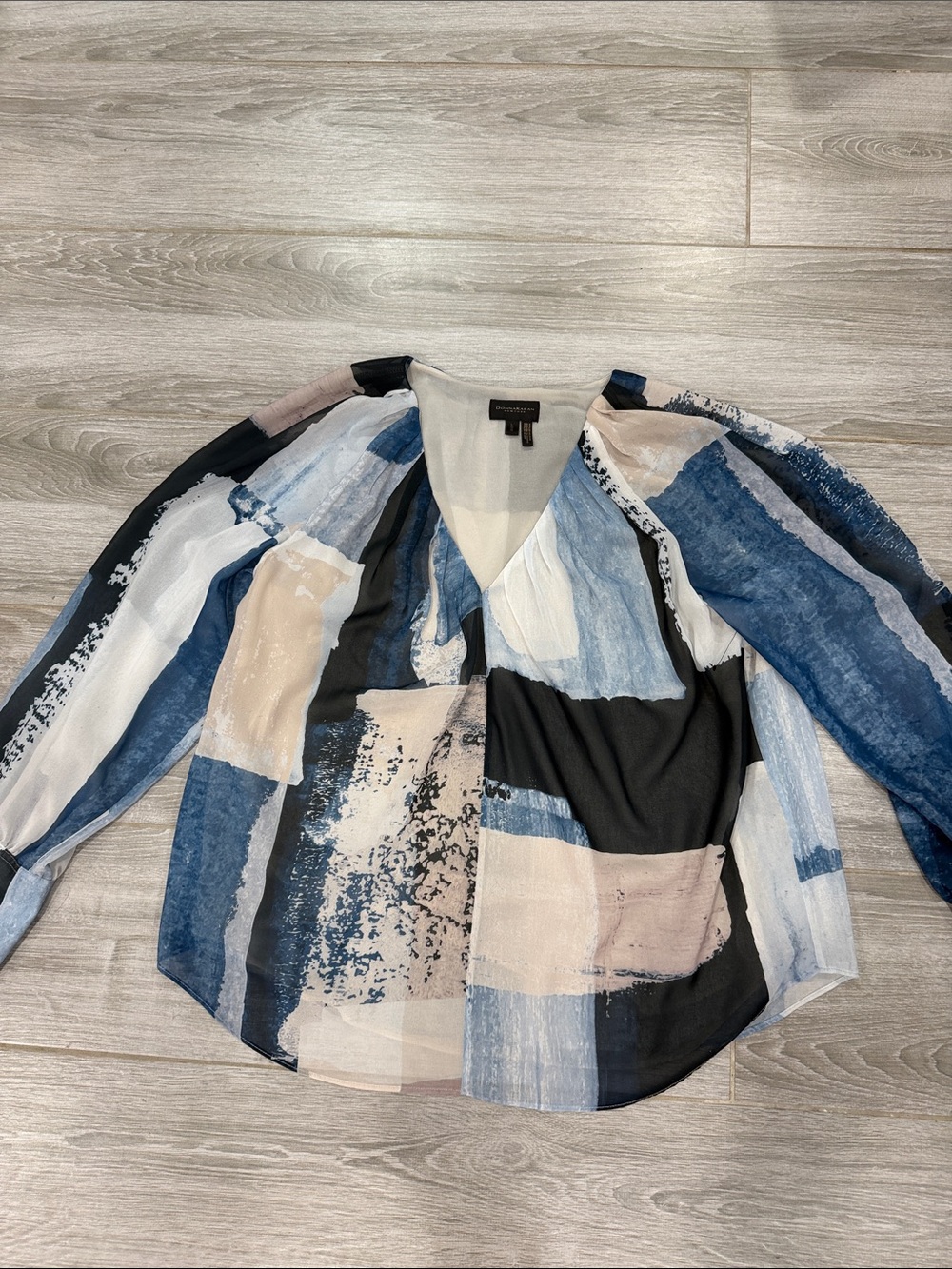 Donna Karan V-Neck Blouse in Blue, Black & Cream L